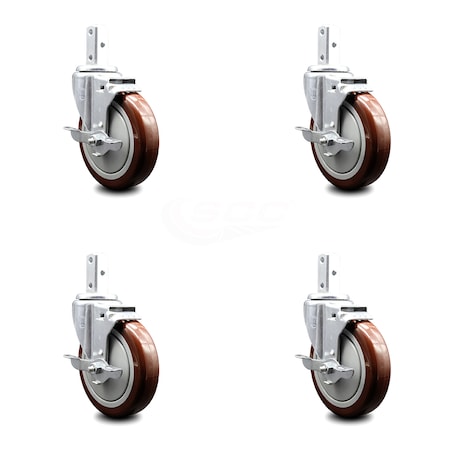 Service Caster 5 Inch Maroon Poly Wheel Swivel 3/4 Inch Square Stem Caster Set with Brake SCC SCC-SQ20S514-PPUB-MRN-TLB-34-4